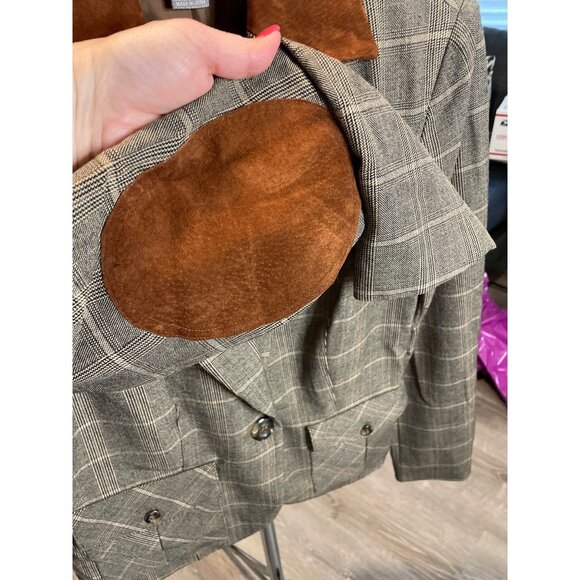 Kenar Brown Plaid Suede Leather Trim Elbow Pads Single Button Blazer Sz 8 - Picture 5 of 10